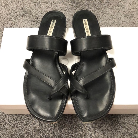 Women’s Manolo Blahnik black leather flat sandals